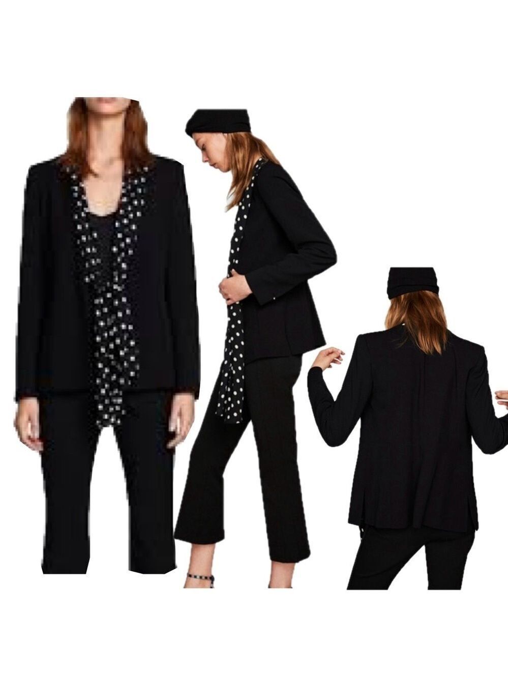 Zara Basic black blazer polka dot tie-neck scarf detail
L classy sophisticated